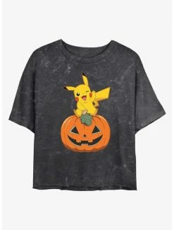 Gamer Pokemon Pikachu Pumpkin Mineral Wash Womens Crop T-Shirt
