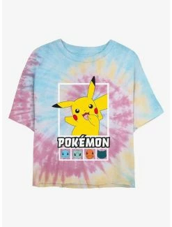 Gamer Pokemon Battle Lineup Pikachu, Squirtle, Bulbasaur, Charmander, & Snorlax Tie-Dye Womens Crop T-Shirt